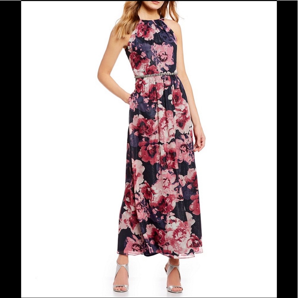 SLNY High-Neck Chiffon A-Line Navy/multi,NWT - Picture 3 of 6